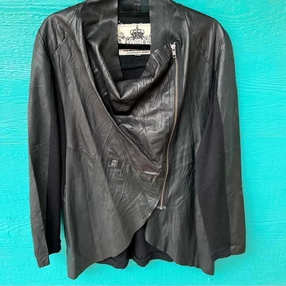 LEATHER RELIGION GOTH LIGHT PAPER DRAPED MOTO JACKET SIZE 12 BLACK